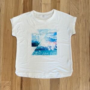 Athleta White Short Sleeve Tee with Blue and Pink Graphic